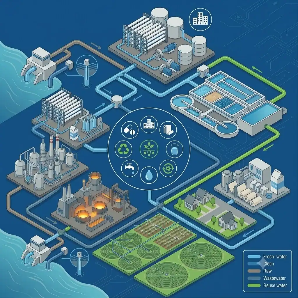 Esquema de las principales aplicaciones de las membranas de ósmosis inversa en instalaciones industriales y municipales de tratamiento de agua.