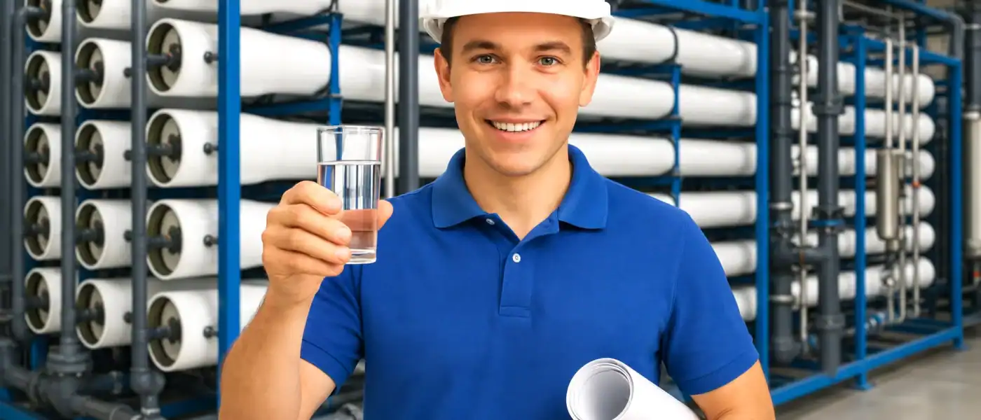 Ingeniero realizando mantenimiento en una planta industrial de tratamiento de agua.