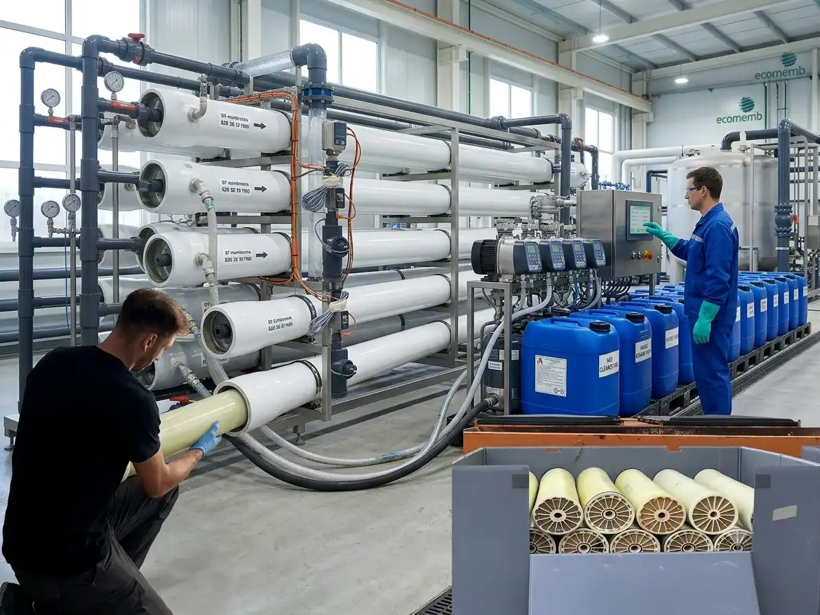 Proceso de limpieza y regeneración de membranas de ósmosis inversa en una instalación industrial de tratamiento de agua.