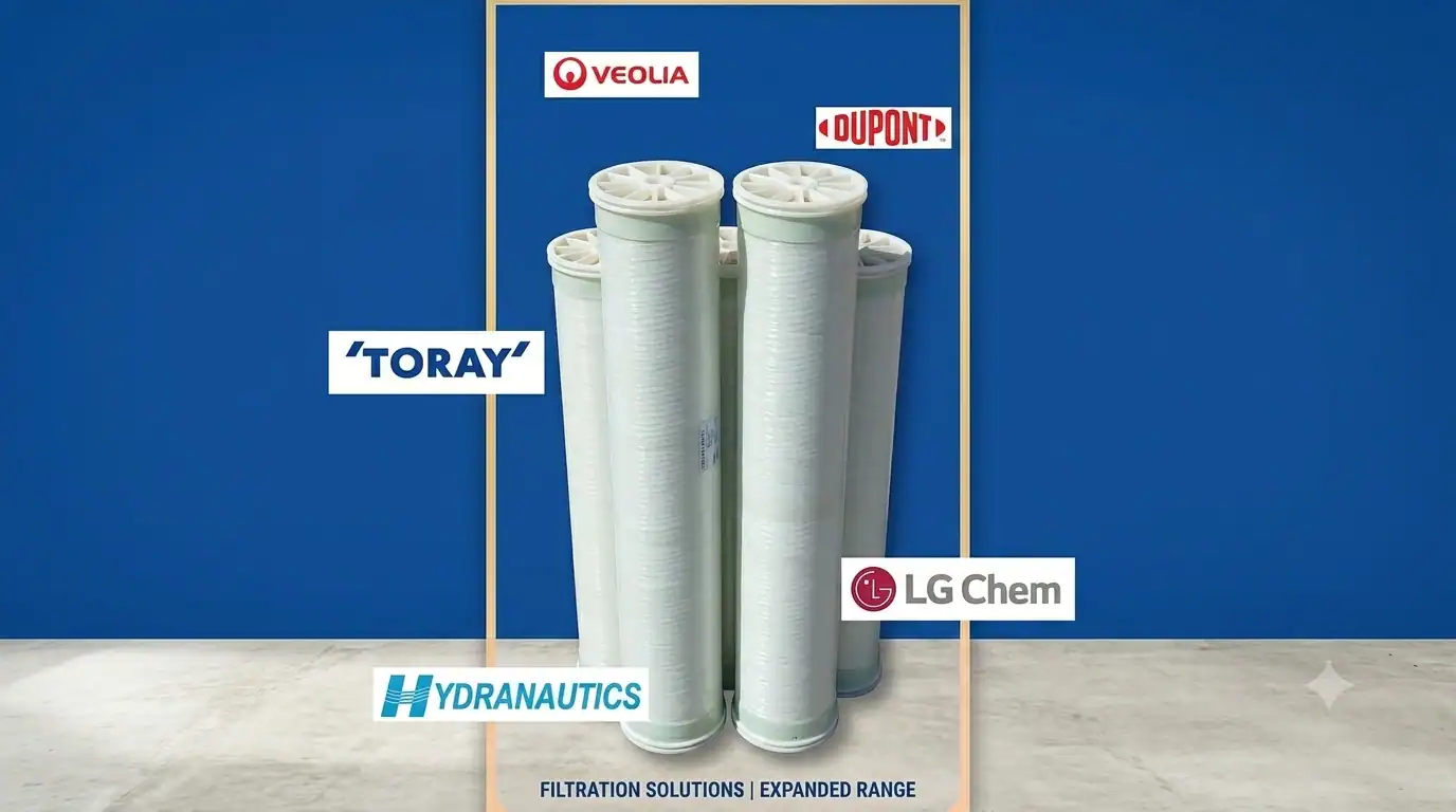 Membranas de ósmosis inversa de distintos fabricantes para aplicaciones industriales de tratamiento de agua.