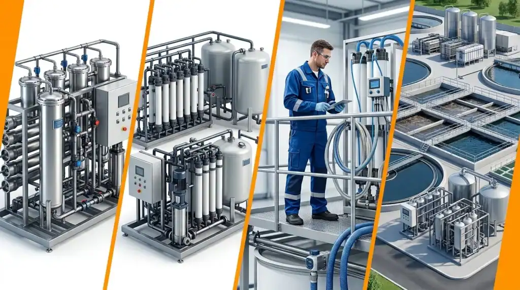Ingeniero supervisando una planta industrial de tratamiento de agua con sistemas de filtración, ultrafiltración y ósmosis inversa.
