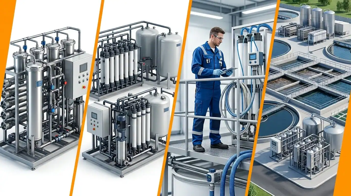 Ingeniero supervisando una planta industrial de tratamiento de agua con sistemas de filtración, ultrafiltración y ósmosis inversa.
