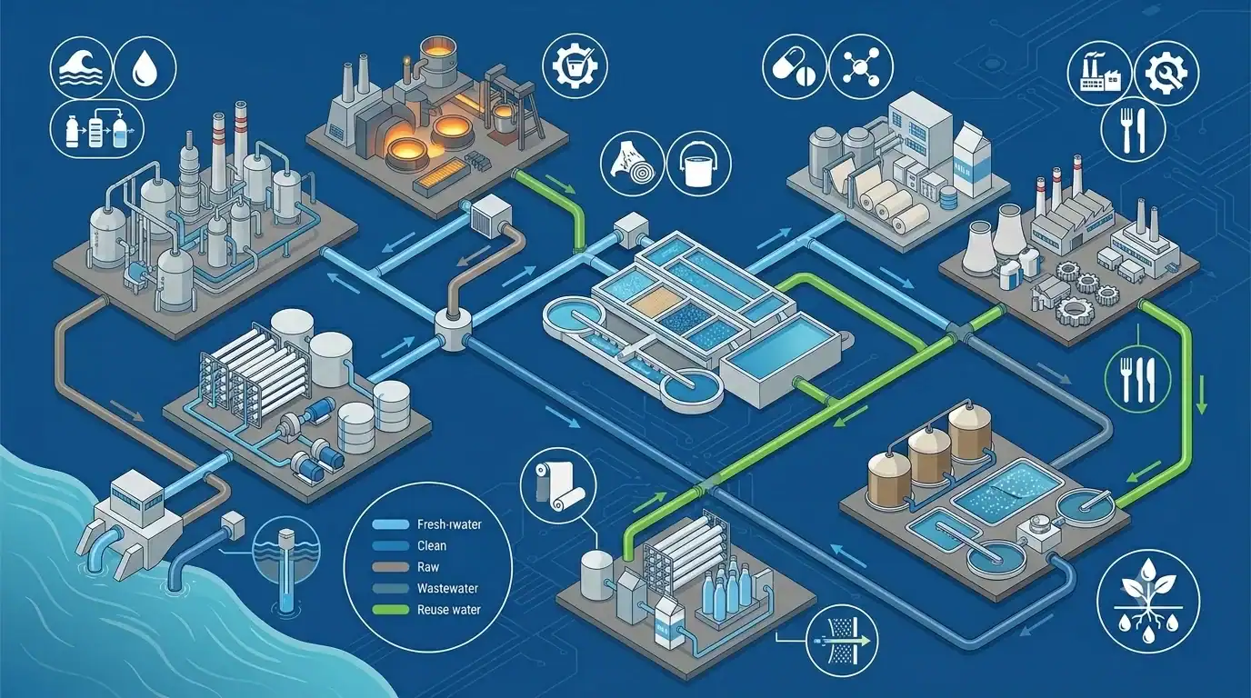 Esquema de aplicaciones industriales de la ultrafiltración para procesos de tratamiento y reutilización de agua.